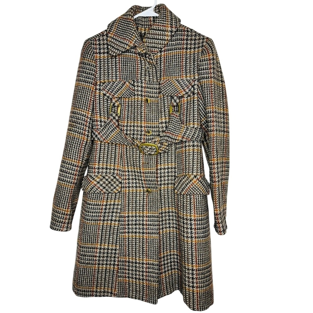 Vintage Womens Margit Brandt Tweed Long Pea Coat Retro Plaid Indie‎ Hipster